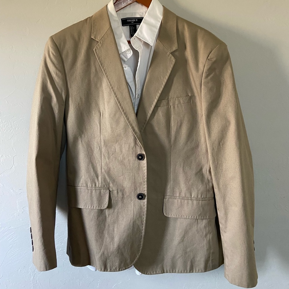 Men’s Forever21 Tan Suit Jacket/ Sport Coat + White Button Up Shirt COMBO